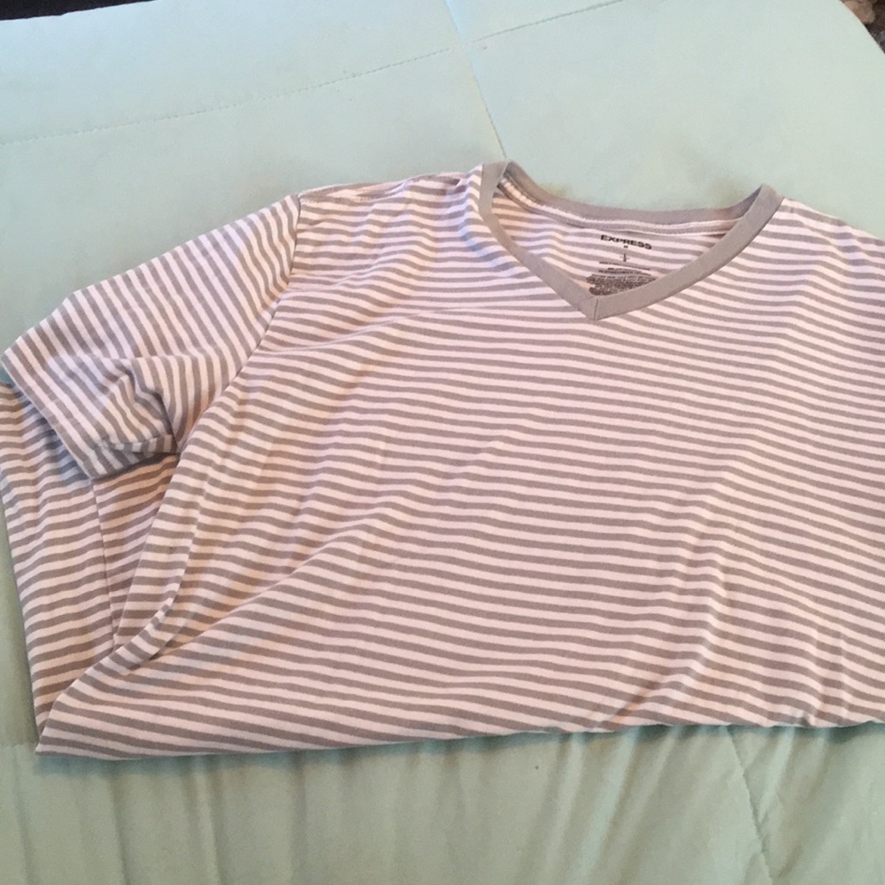 Gray & white striped, V neck tee shirt